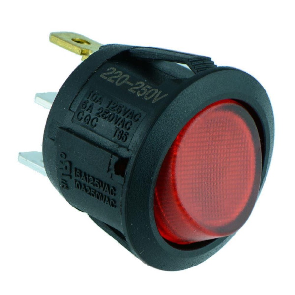 Illuminated Round Rocker Switch 230VAC SPST OFF - ON Red