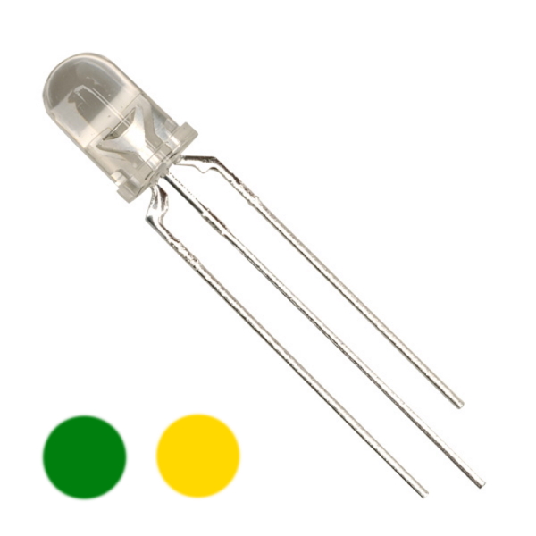 5mm Green / Yellow Tri Colour Water Clear 2.0v LED Common Cathode